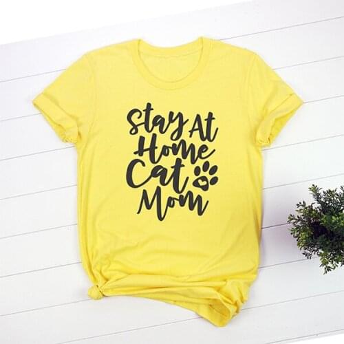 Stay at Home Cat Mom Print Women Shirts Casual Cute Cartoon White Summer Short Sleeve O-neck Female Pink tshirt Funny Hipster