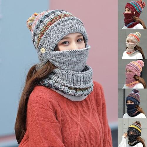 3pcs Winter Mask Hat Scarf Set Thicken Warm Women Girls Beanies Pompom Outdoor Cycling Riding Knitted Cap Scarves