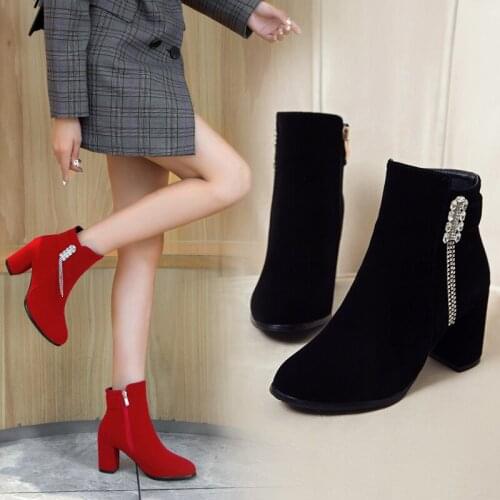 Fashion Women ankle Boots Casual suede High Heels winter Shoes Women round Toe Rubber women Boots Rhinestone tassel shoes