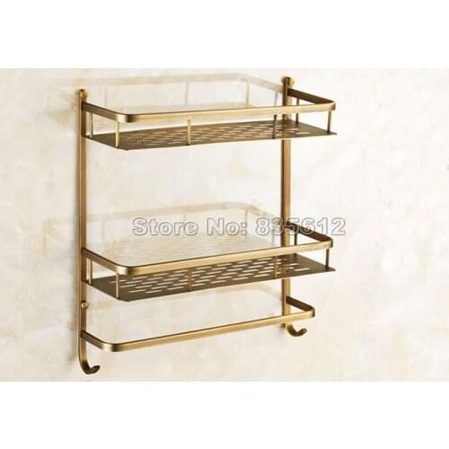 Wall Mounted Dual Layer Bathroom Shelf Basket Kitchen Bathroom Shelf Shower Caddy Shelf Antique Brass Finish Wba527