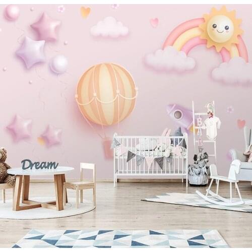 Custom Mural Wallpaper Modern Nordic Hand Painted 3D Cartoon Rainbow Hot Air Balloon Childrens Room Background 3D Wall Painting