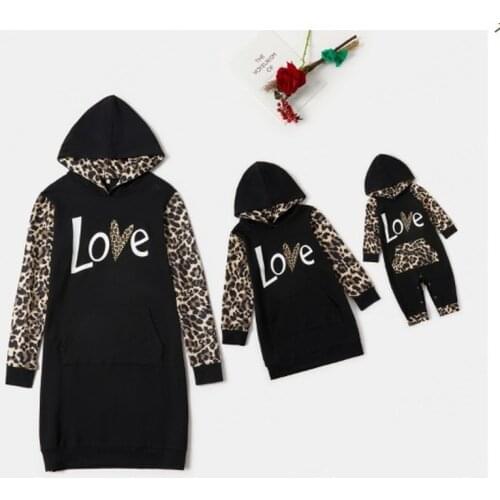 Mommy and Me Clothes Autumn Winter Leopard Print Hoodies Dress for Mom Daughter Outwear Baby Romper Family Matching Clothes