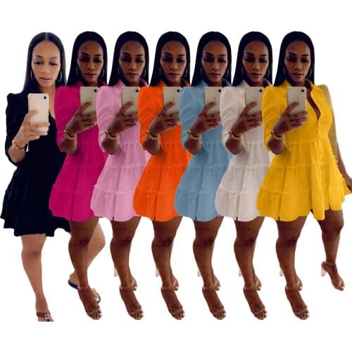 Echoine Solid Ruffle Shirt Dress Sexy Elegant Half Sleeve Turn-down Collar Single Breasted Loose Dresses Office Lady Clothing