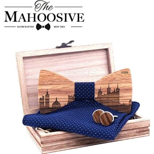 Walnut Wood France LYON Skyline Wooden Bow ties Butterfly Gravata Skyline Ties For Men Cufflinks noeud papillon cravate cufflink