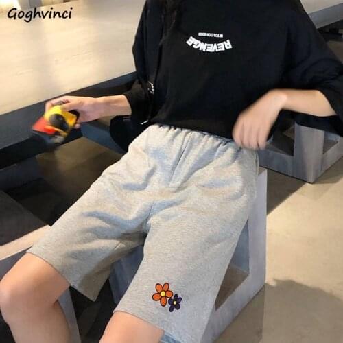 Shorts Women Summer Elastic-waist BF Streetwear Embroidery Loose Knee-length Harajuku Casual Womens Unisex All-match Trendy Chic