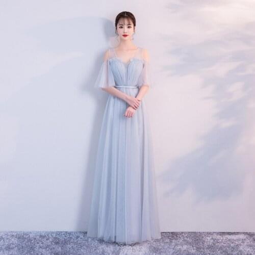 V-Neck A-Line Short Floor-Length Long New Design Sister Grey Wedding Banquet Performance Tulle Backless Evening Dress 3379