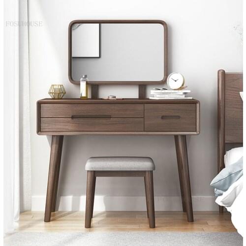 2 Colors Minimalist Solid Wood Dressers HD Mirror Makeup Table Large Drawer Dressing Table Bedroom Furniture Simple Dresser