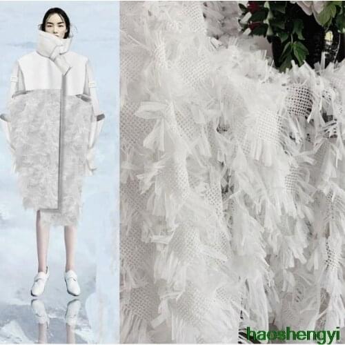 High quality creative white mesh woven plaid texture tassel apparel fabric / half price