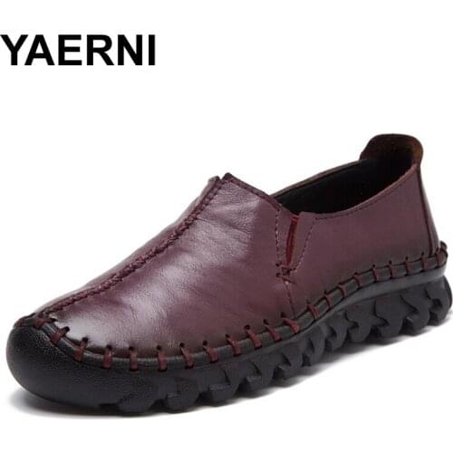 YAERNI High Quality Women Genuine Leather Shoes Slip On Flats Handmade Shoes Loafers mocassin flat Womens shoes Slipony