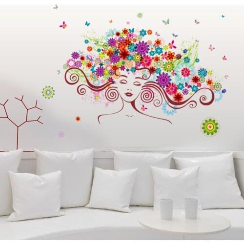Vivid Modern abstract style colorful woman flower wall sticker bedroom living room princess room background home decoration
