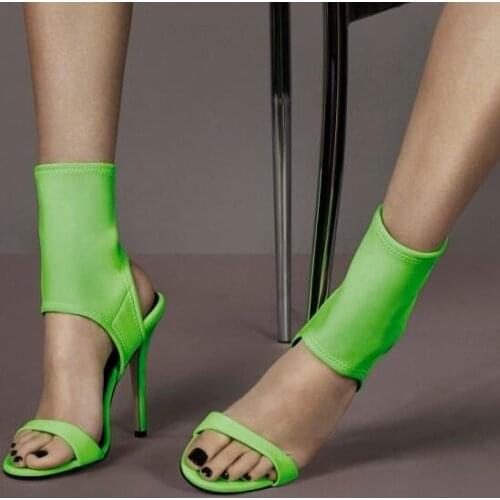 Moraima Snc Summer Newest Green Stretch Fabric High Heel Sandal Boots Sexy Open Toe Thin Heels Shoes Cutouts Gladiator Sandal