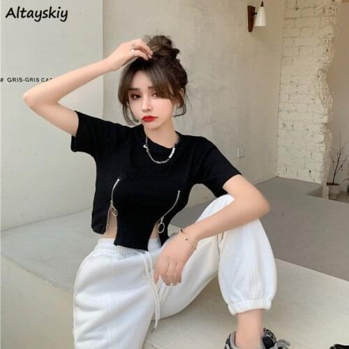 T-shirts Women O-neck Zipper Trendy Streetwear Chic Club Slim Sexy New Designers Korean Style Lady Daily All-match Top Girls Tee