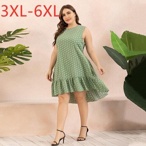 New 2021 summer ladies plus size midi dress for women sleeveless loose casual green dot ruffle tank dress 3XL 4XL 5XL 6XL