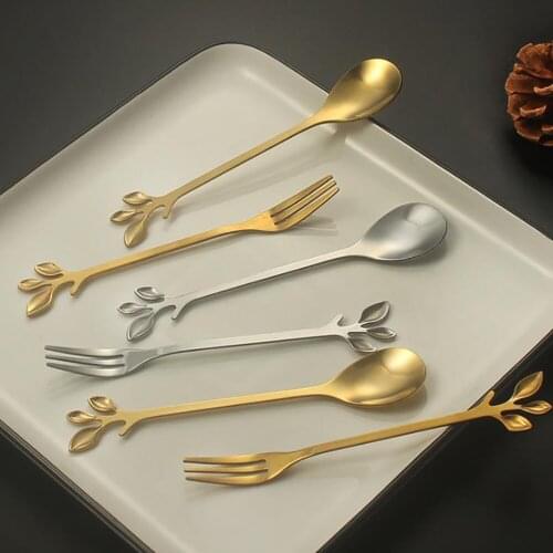 10Pcs/Sets Creative Leaf Spoon Fork Stainless Steel Tableware Spoon Coffee Spoon Dessert Fork Dinner Spoon Restaurant