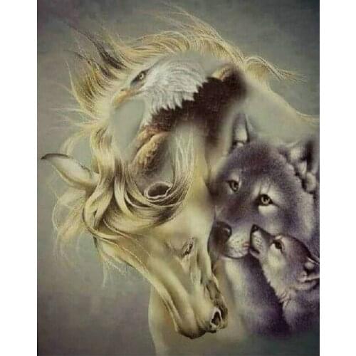 Diy Diamond Painting Horse and wolf Full SquareRound Diamond Embroidery Rhinestone Cross Stitch Mosaic Wedding DecorationZP-3262