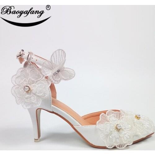 BaoYaFang thin heels shoes Woman Appliques ankle strap Buckle fashion shoes White Lace pointed toe Wedding shoes