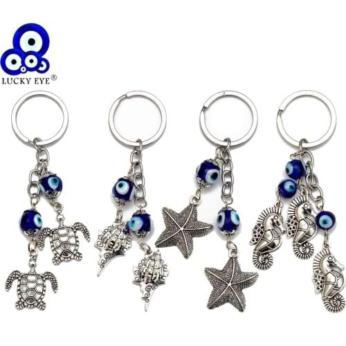 Lucky Eye Evil Eye Keychain Car keyring Silver Color Ring Sea Turtle Starfish Charm Key Chain Jewelry for Women Men EY6733