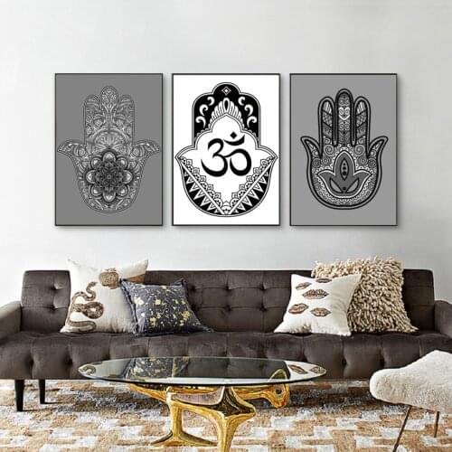 Black and White Vintage Hand of Fatima Hand-painted Art Canvas Painting Poster Buddhism Zen Prints Printing Bedroom Home Decor