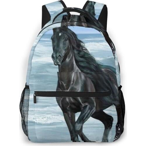 Children Backpacks School Bag For Boys Black Horse Running On Beach Schoolbag Student Bookbags