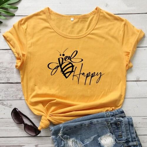 Bee Happy 100% Cotton T-shirt Aesthetic Summer Short Sleeve Motivational Tops Tees Cute Women Graphic Bee Lover Nature Tshirt