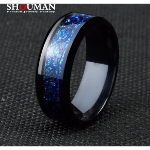 SHOUMAN 2020 Stainless Steel Black Blue Dragon Rings for Men Women Wedding Band Custom Engrave Name Charm Male Gift