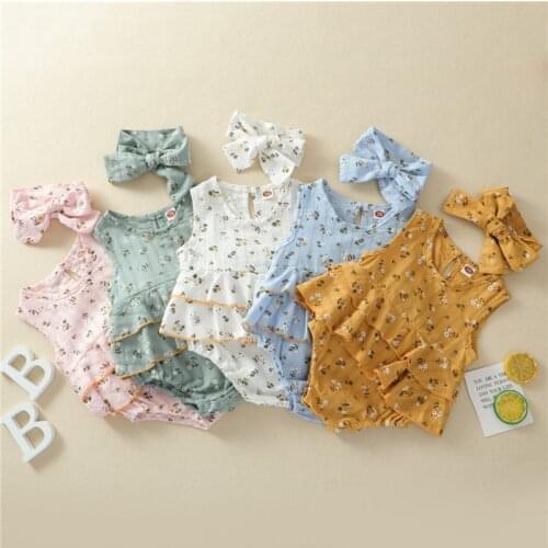 New Sweet Style Baby Girls Summer Clothes Toddlers Creative Floral Print Sleeveless Suspender Romper+Headwear 2PCS Jumpsuit Set