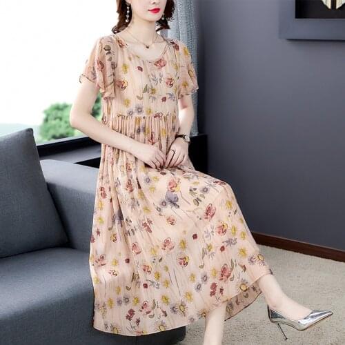 Summer Floral Mulberry Silk Beach Midi Dresses 2021 Vintage 4XL Plus Size Sundress Elegant Female Bodycon Party Runway Vestidos