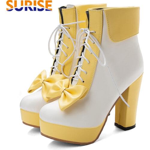 Lovely Women Platform Ankle Boots Pink White High Chunky Heel Casual Party Lady Round Toe Cute Lolita Bowtie Lace Up Short Boots