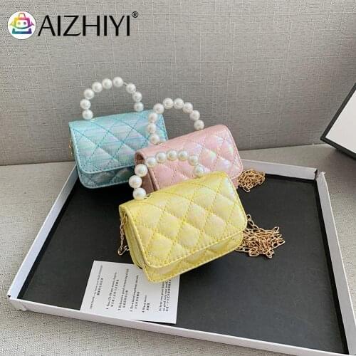 Fashion Women Lattice Pattern Shoulder Crossbody Messenger Bag Casual Ladies Solid Color Pearl Chain Mini Flap Purse Handbags