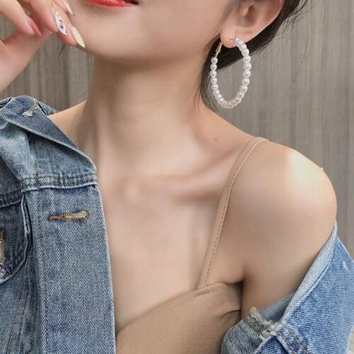 Fashion Elegant White Pearls Hoop Earrings Women Oversize Pearl Circle Earring Jewelry