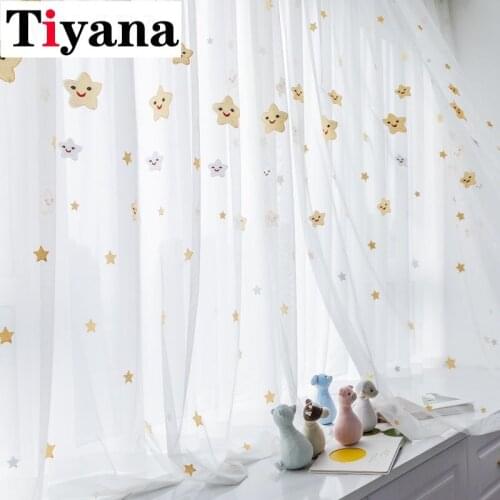 Simple Modern Embroidered Luxury Smile Star Gauze Childrens Bedroom Curtains Living Room Balcony Partition Tulle Drapes JK216Z