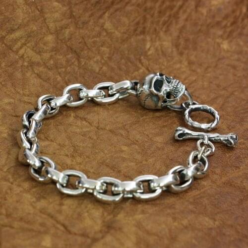 Skull Bracelet 925 Sterling Silver Mens Biker Rock Punk Link Chain TA193