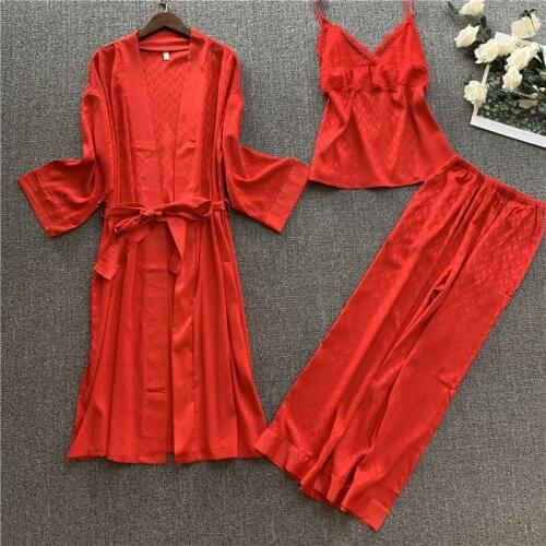 Spring Summer Silk Jacquard Pajama Three-Piece Set Ladies High End Dressing Gown Long Sleeved Silk Homewear Bright Red Пижам