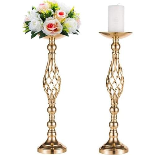 Gold Flowers Vases Candle Holders Road Lead Table Centerpiece Metal Stand Pillar Candlestick For Wedding Party