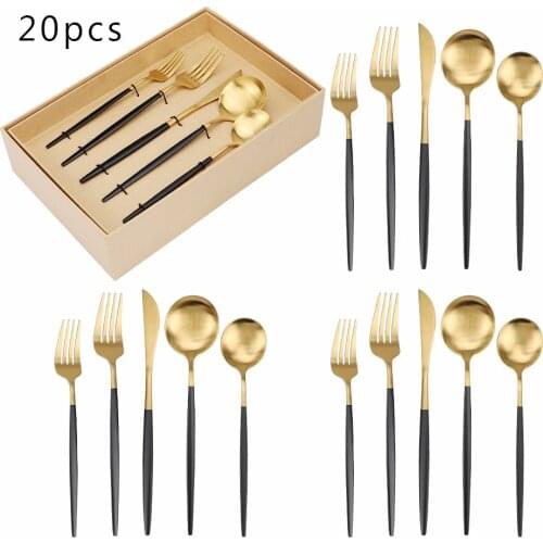 Tableware 20Pcs Steel Cutlery Set Dinnerware Matte Black Gold Dinner Flatware Set Gift Box Forks Knives Spoons Set Silverware