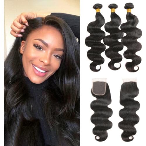 Body Wave Hair Bundles With Closure 4x4 SOKU Natural Color Brazilian Human Hair Weave Bundles With Lace Closure Non-Remy Weft
