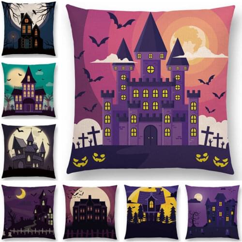 Happy Halloween Scary Night Haunted House Vampire Castle Full Moon Bat Pumpkin Dark Good Cushion Cover Sofa Throw Pillow Case