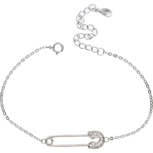 100% 925 sterling silver delicate AAA CZ jewelry micro pave cz safety pin charm silver dainty chain bracelet