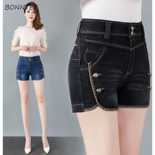 Shorts Women Straight High Waist Denim Trousers High-Elasticity Soft Slim Korean Style Casual All-match Solid Summer Fashion Ins