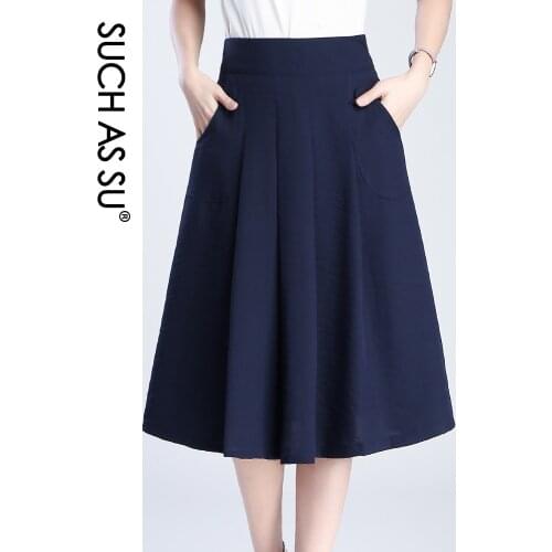 SUCH AS SU 2021 Women Black Blue Wine red High Waist Pleated Skirt Pockets Spring Summer S-3XL Size Female Mid-Long Skirt