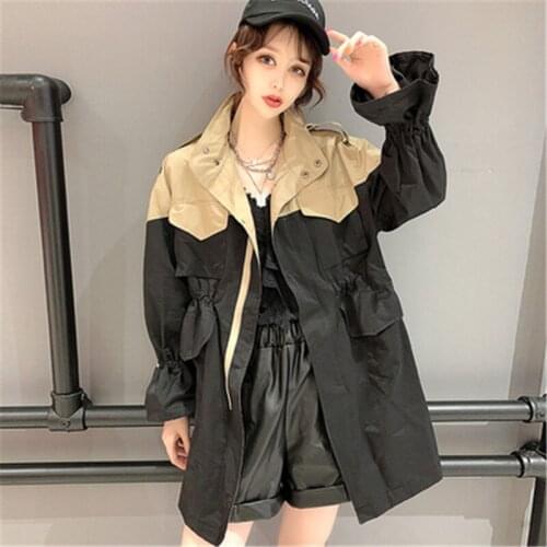 Khaki Mid-length Trench Coat Waist Color Matching Tooling 2020 New Spring Autumn Women Korean Fashion Windbreaker Female Outwear