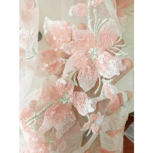 1 Yard Sequin Bridal Tulle Lace Fabric in Off White Pink Haute Couture Dress Bridal Gown DIY Craft Accessories 130cm Wide