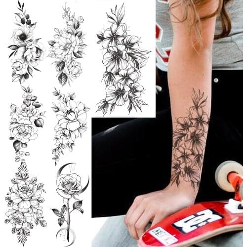Unique Peony Flower Temporary Tattoos For Women Girls Daisy Bloosom Fake Tattoo Sticker Sunflower Leaves Waterproof Tatoos Hands
