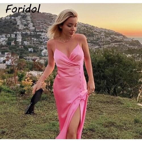 Foridol V Neck Sleeveless Party Dress Women Slit Strap Maxi Long Dress Vestidos Summer Autumn Yellow Backless Dress 2021 New