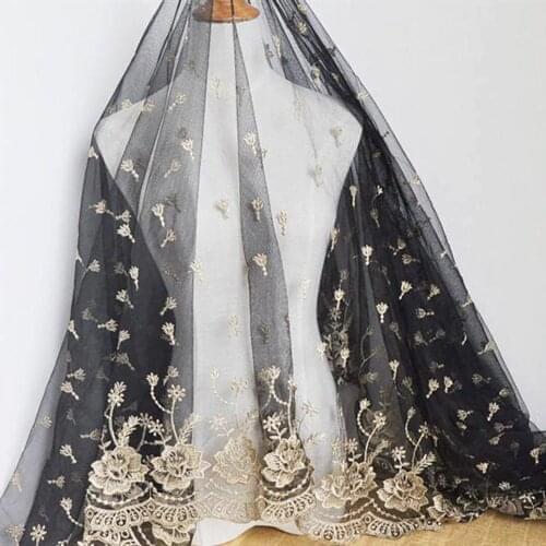 Vintage Lace Fabric Black Tulle Gold Embroidery Floral Bridal Wedding Lace Fabric for DIY Party Dress Home Decoration 51" width