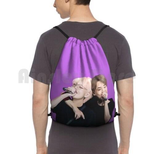 Vmin Backpack Drawstring Bags Gym Bag Waterproof V Jimin Taehyung Vmin Purple Kpop Bromance Cute Realistic Soulmates Love