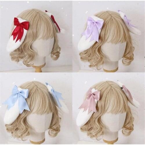 Sweet Lolita Rabbit Ear Hair Ornament Lop Ear Hair Clip Kawaii Handmade Girl Bow Plush KC Hair Clip D282