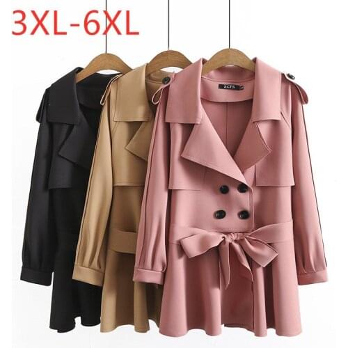 New 2021 Ladies Autumn Winter Plus Size Windbreaker For Women Large Long Sleeve Button Black Pink Belt Long Coat 3XL 4XL 5XL 6XL