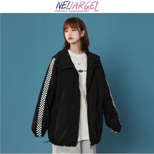 NELLARGEL Women Patchwork Harajuku Vintage Varsity Jacket 2021 Female Oversized Bomber Jacket Girl Black Streetwear Windbreaker