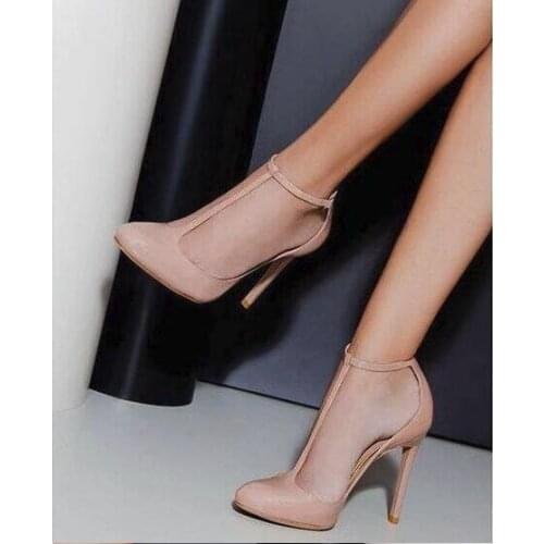 Nude Leather Women Shoes High Heels Round Toe T-bar Ankle Strap Banquet Dress Shoes Ladies High Heels Pumps 12cm Customized